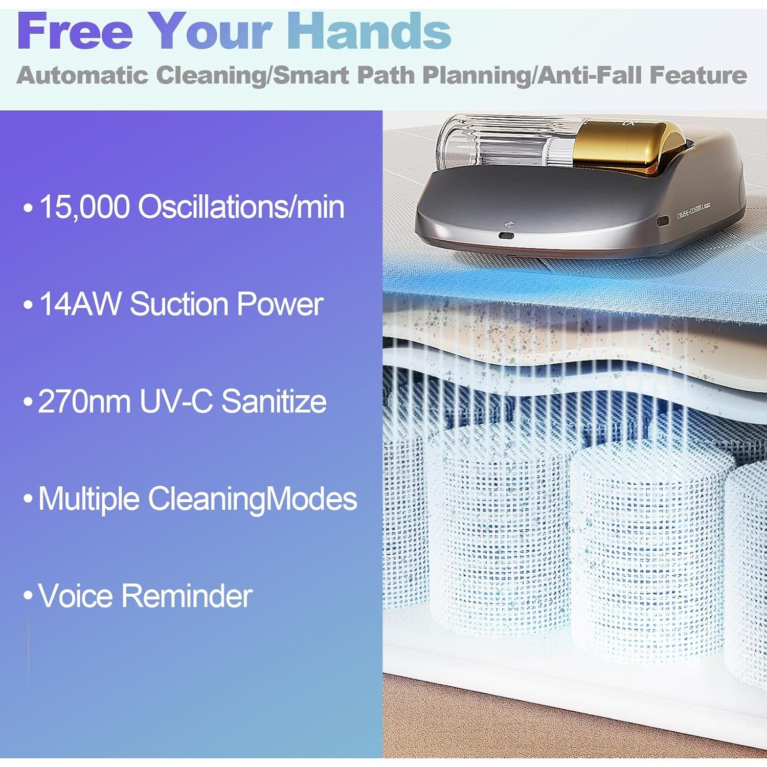 Rechargeable Mattress Vacuum Cleaner 1-Click Deep Cleaning,Bed Vacuum Cleaner 14AW Strong Suction 270nm Deep Ultraviolet Lamp,Specially Designed for Mattresses,Auto for Pet Hair and Dust