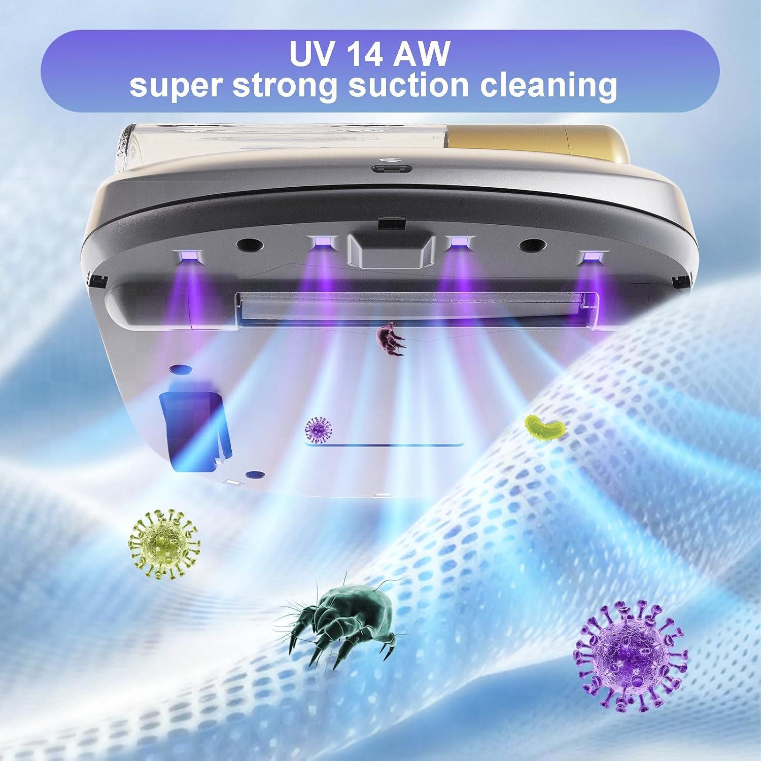 Rechargeable Mattress Vacuum Cleaner 1-Click Deep Cleaning,Bed Vacuum Cleaner 14AW Strong Suction 270nm Deep Ultraviolet Lamp,Specially Designed for Mattresses,Auto for Pet Hair and Dust