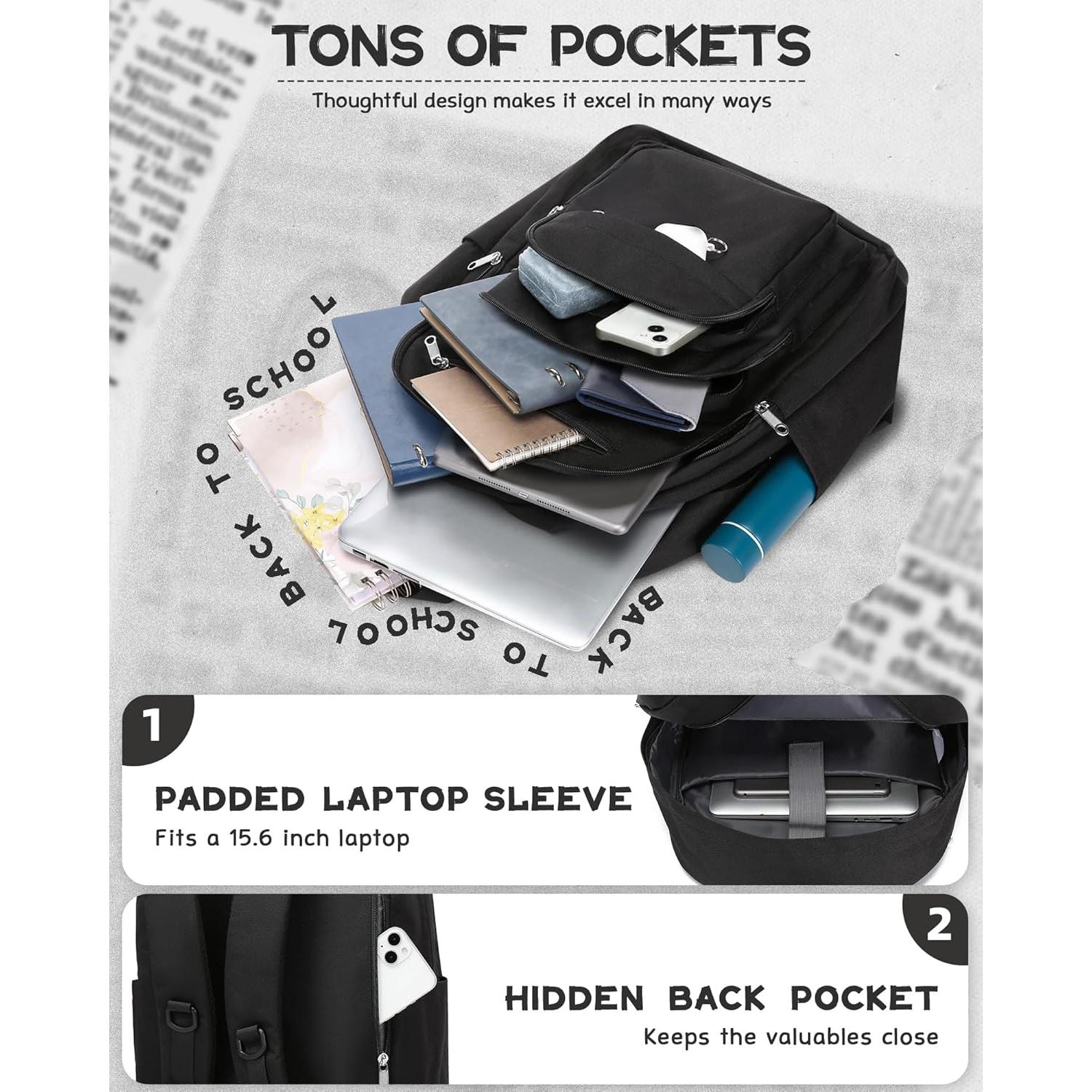 Mochila Escolar FOKDUVB Negra 30L con Compartimento Laptop