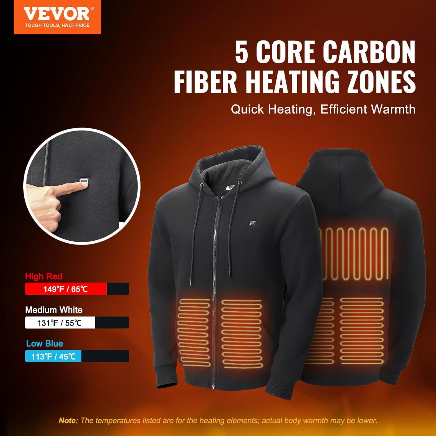 Sudadera Calentada Unisex VEVOR 7.4V 5 Zonas Calor Rápido