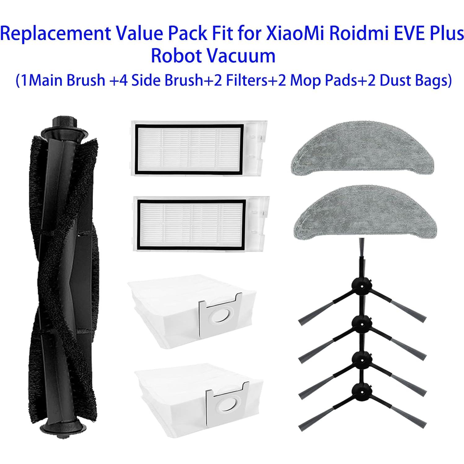 Replacement Accessories Set for Roidmi EVE Plus Robot Vacuum Include 1Main Brush 4 Side Brushes 2 Filters 2 Mop Pads 2 Dust Bags Parts