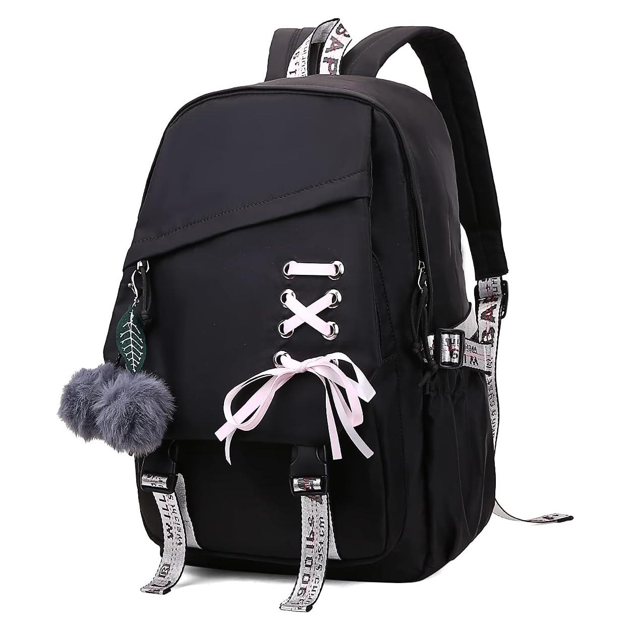 Mochila Escolar FENGDONG Negra 30L para Niñas Adolescentes