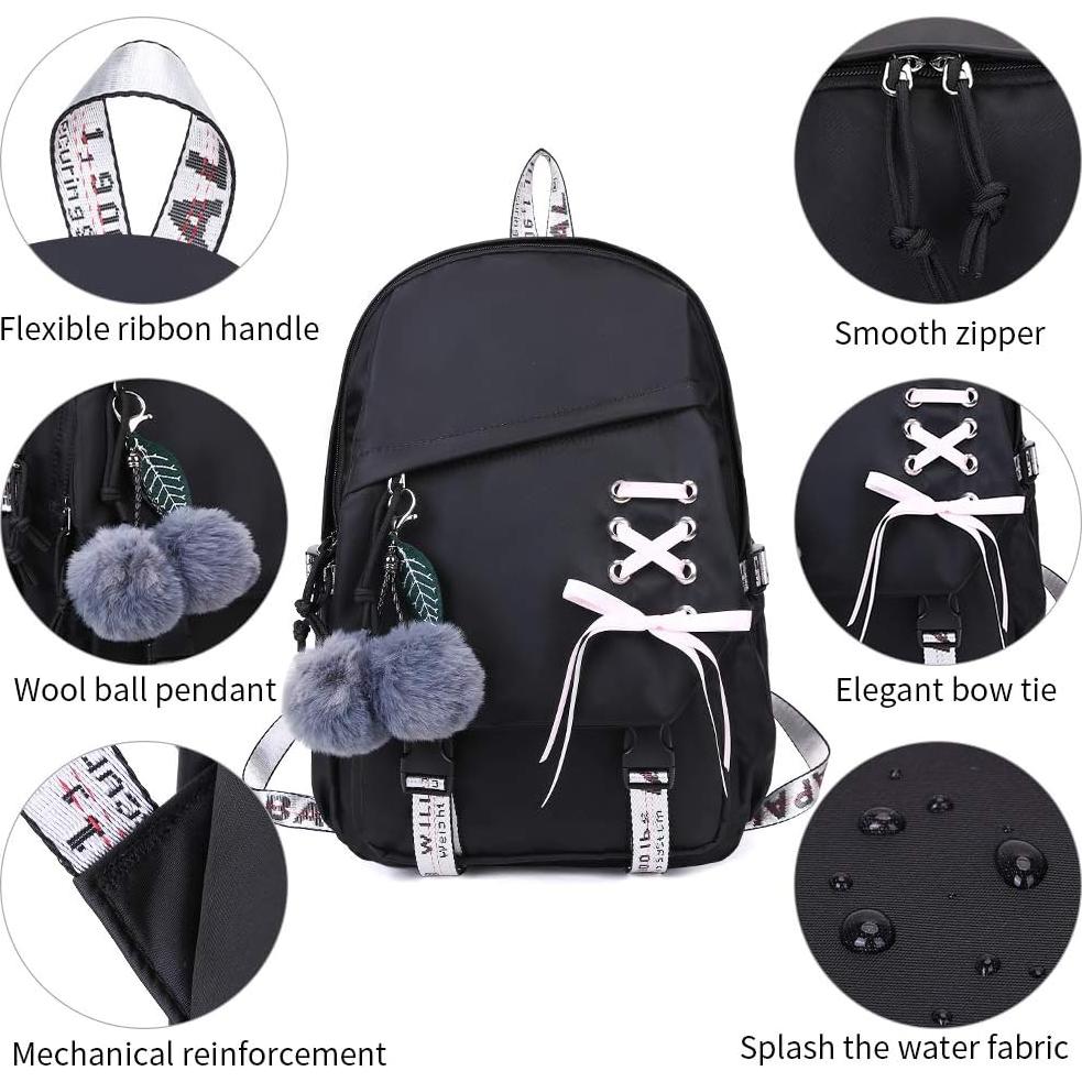 Mochila Escolar FENGDONG Negra 30L para Niñas Adolescentes