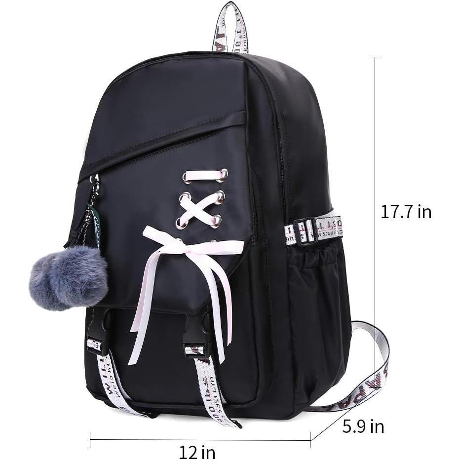 Mochila Escolar FENGDONG Negra 30L para Niñas Adolescentes
