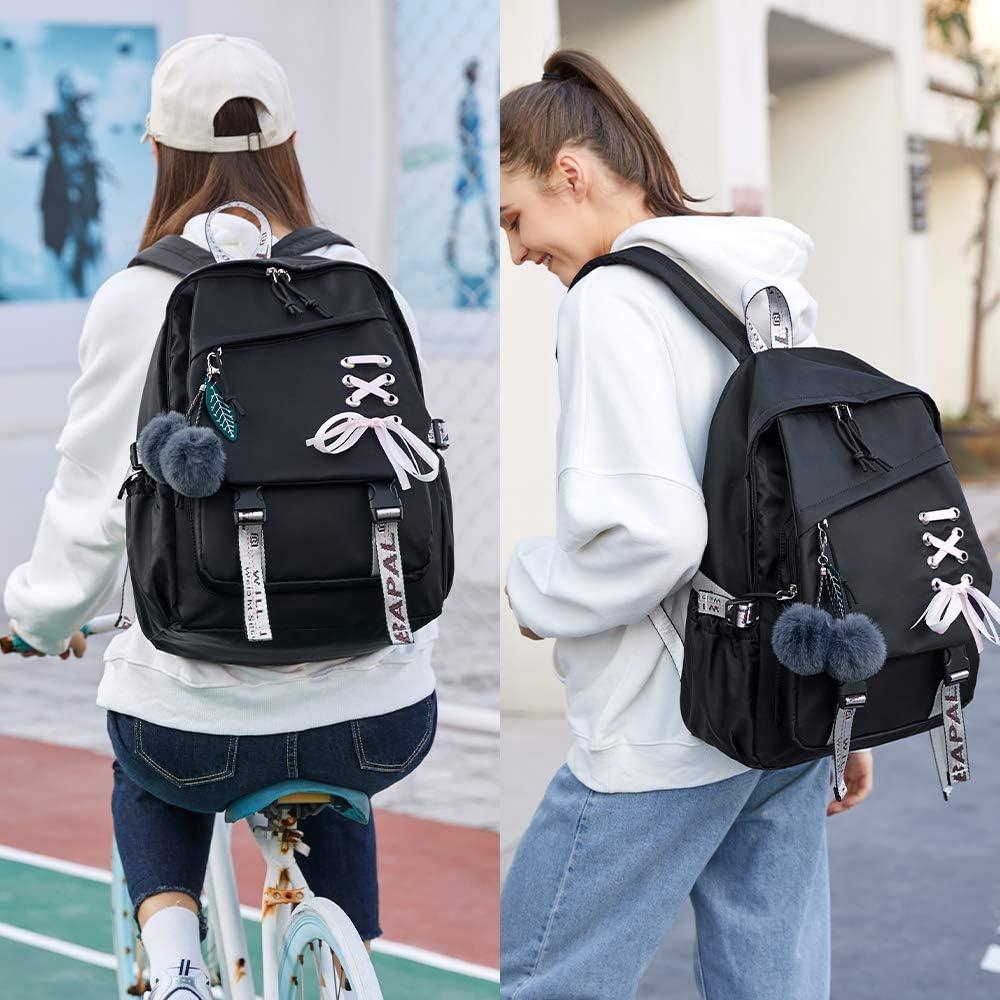 Mochila Escolar FENGDONG Negra 30L para Niñas Adolescentes