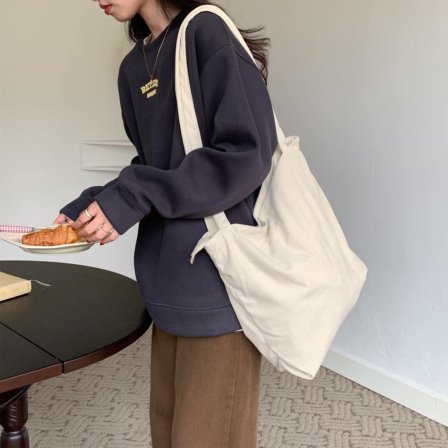 Bolsa Tote de Corduroy WantGor para Mujeres, Grande, Beige