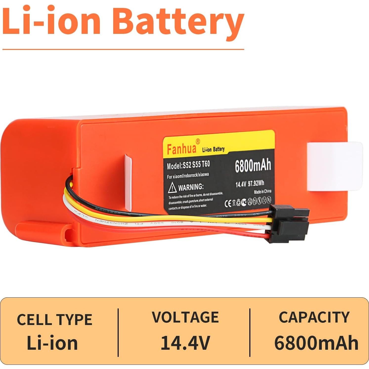 Batería de Reemplazo Li-ion 14.4V 6500mAh para Xiaomi Roborock S50 S51 S55