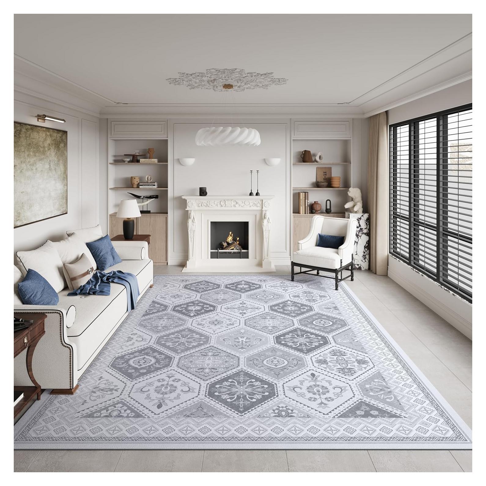 Alfombra Lavable TTelephant 9x12 Antideslizante Gris/Blanco