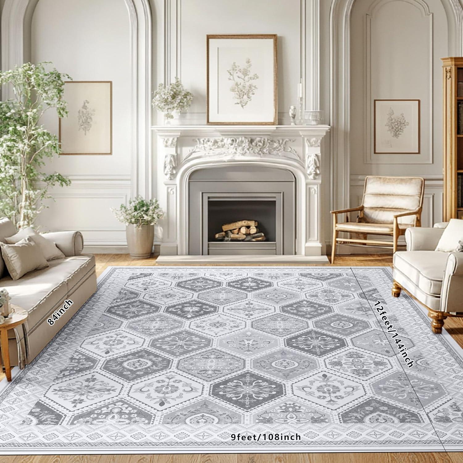 Alfombra Lavable TTelephant 9x12 Antideslizante Gris/Blanco