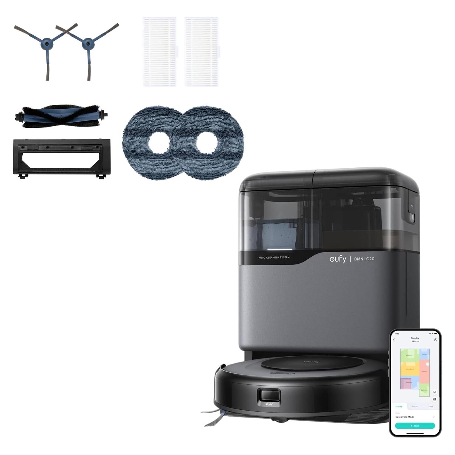 eufy Robot Vacuum Omni C20 with All-in-One Station,3.35-Inch Ultra-Slim Body Accessory Kit for Omni C20, 2 Side Brushes, 2 Washable Filters, 1 Rolling Brush, 1 Brush Guard, 2 Mops