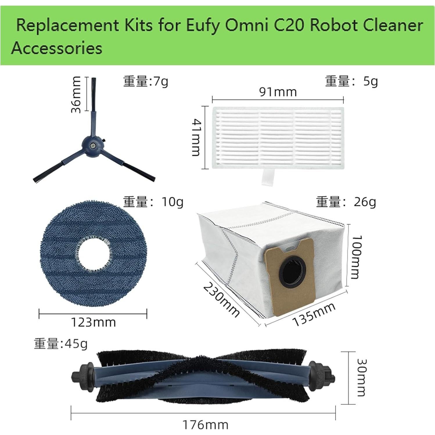 Kit de Reemplazo para Aspiradora Robot Eufy C20 Omni - 1 Cepillo Principal, 4 Laterales, 2 Filtros, 4 Paños, 3 Bolsas
