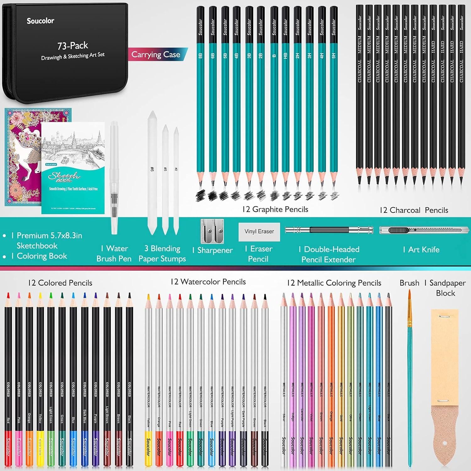 Kit de Dibujo Soucolor 73 Piezas para Adultos y Artistas