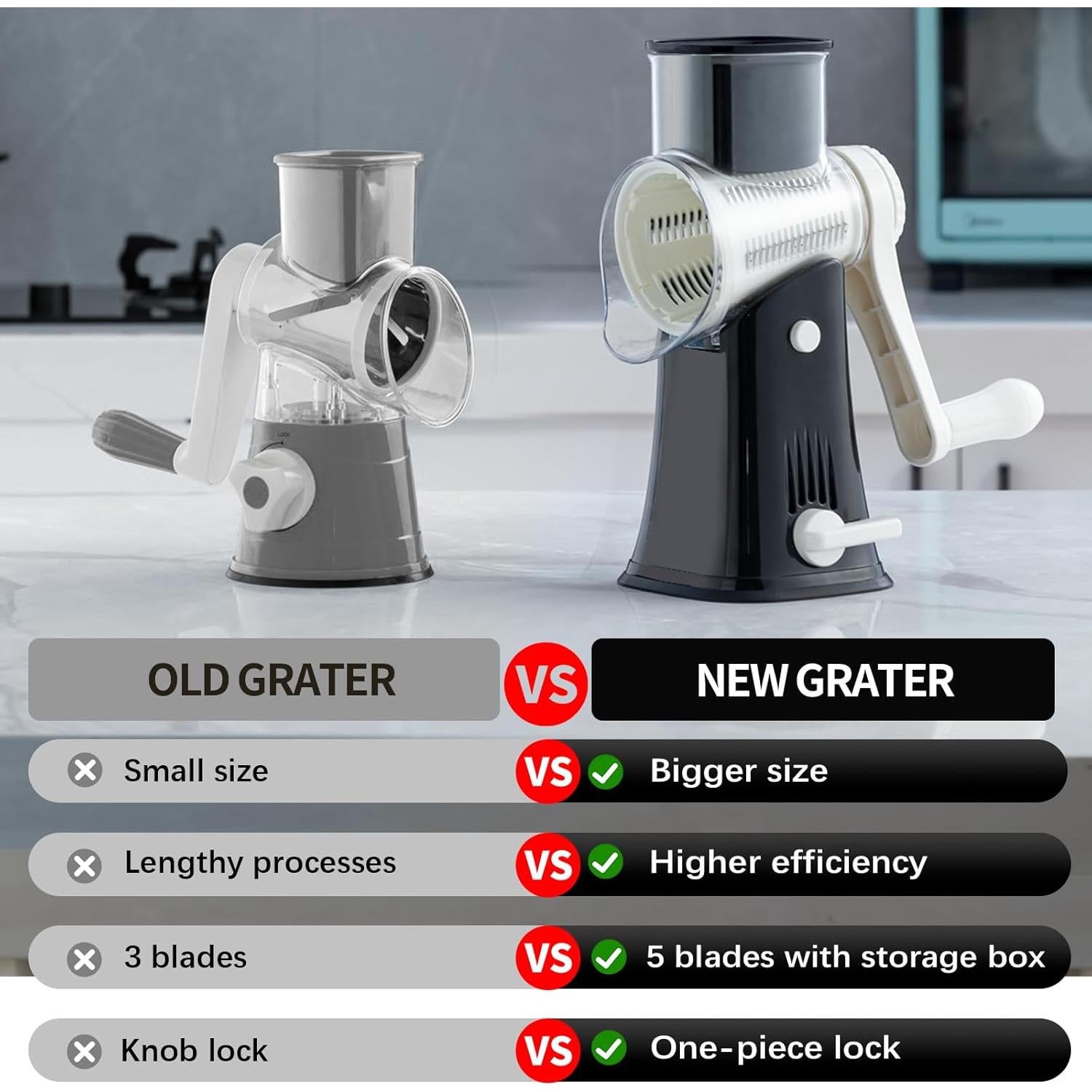 Rallador de Queso Rotatorio VEKAYA 5 en 1 Acero Inoxidable