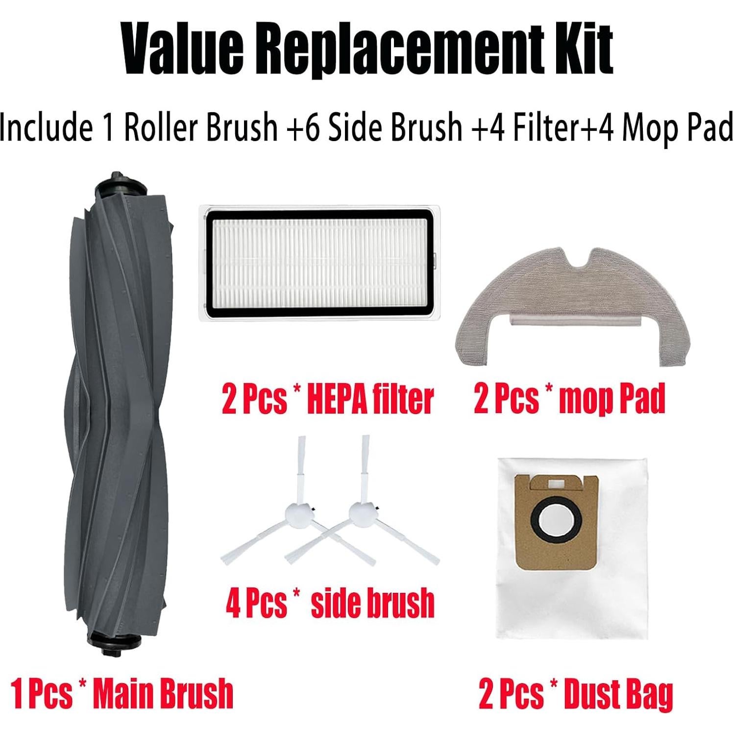 Kit de Repuestos para Aspiradora Robot Dreame D10s Plus - 1 Cepillo Principal, 4 Laterales, 2 Filtros HEPA, 2 Paños de Mopa