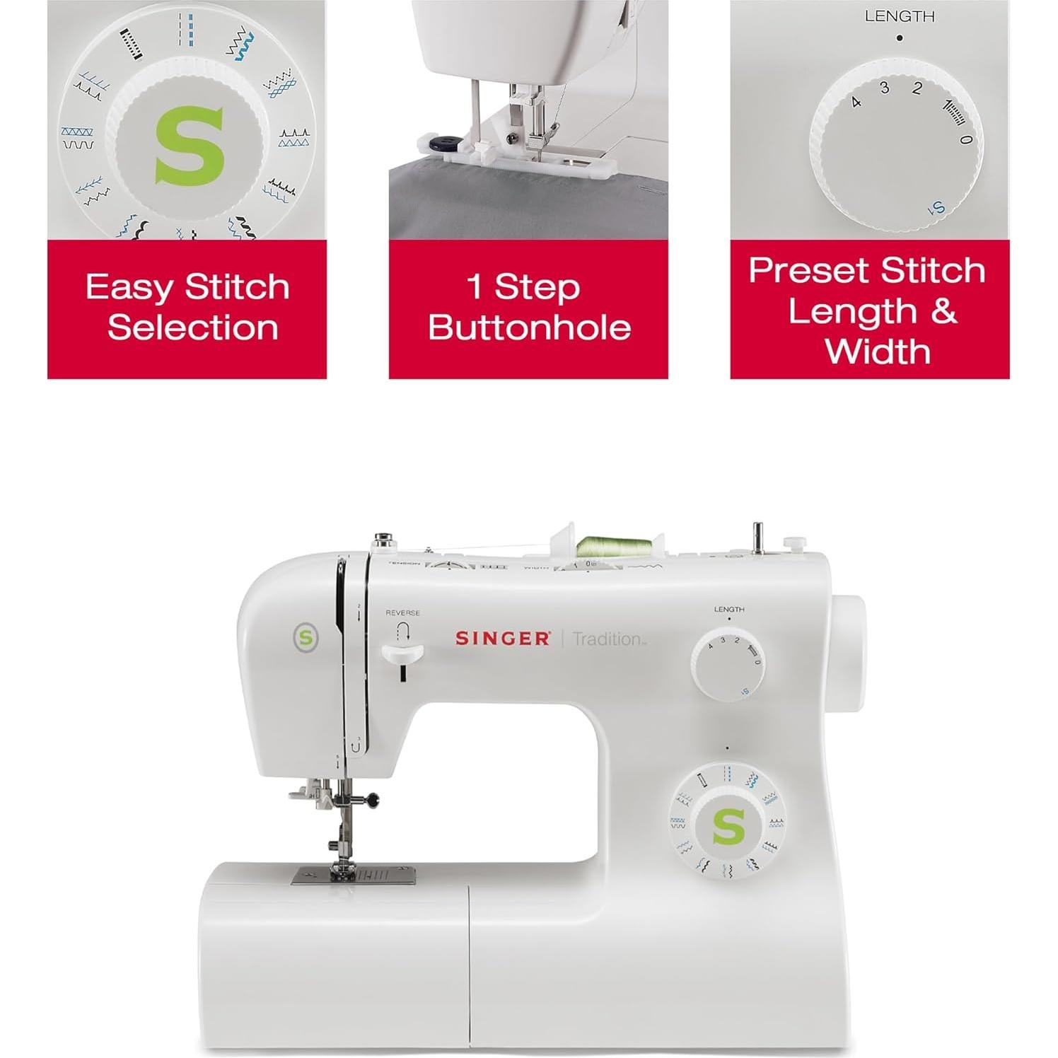 SINGER Tradition 2277 Sewing Machine with Automatic Needle Threader | 97 Stitch Applications, 1-Step Buttonhole, Adjustable Stitch Length & Width & Heavy-Duty Metal Frame (White)