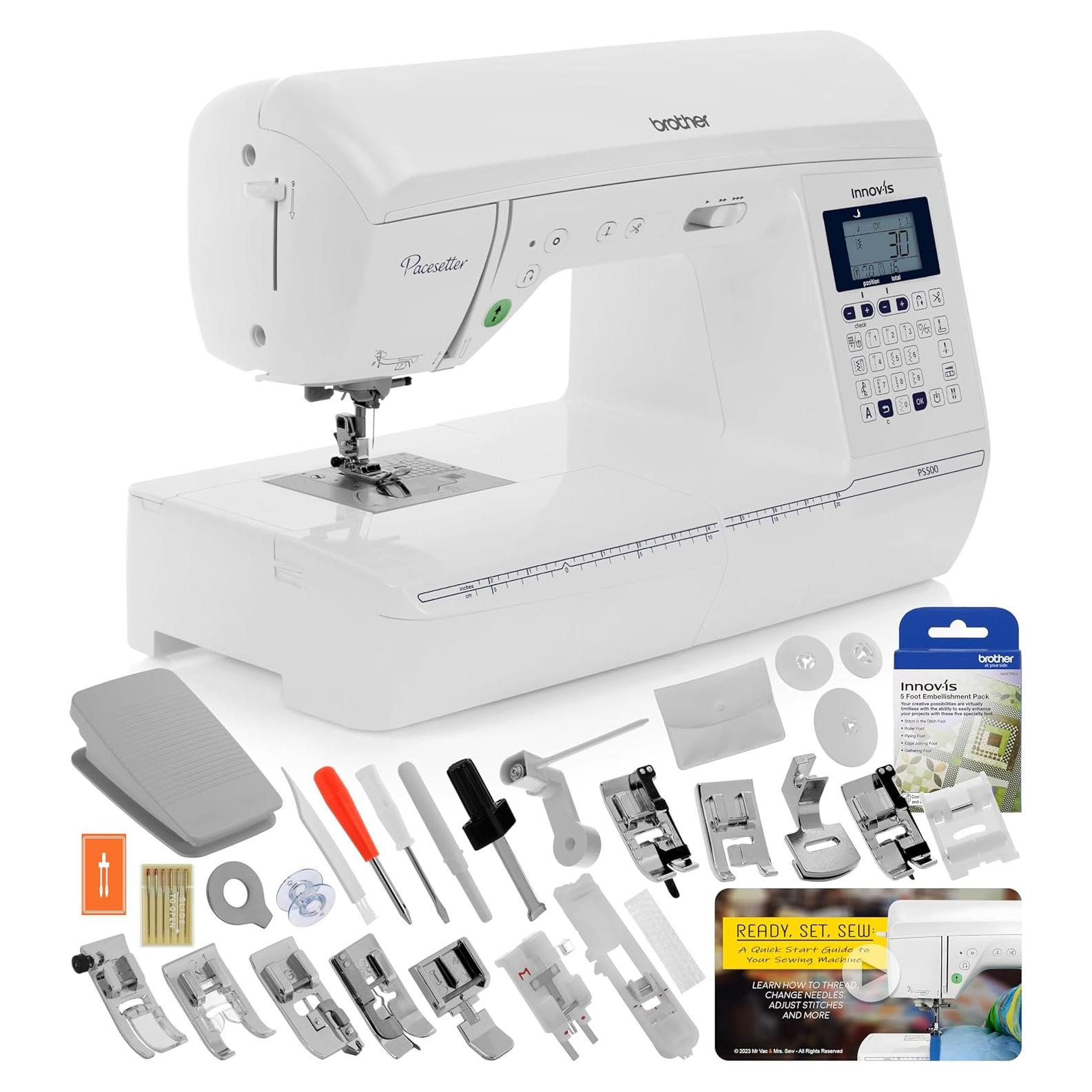 Innov-ís Pacesetter PS500 Computerized Sewing Machine Bundle - Includes Brother 5 Sewing Foot Embellishment Pack + Mr. Vac & Mrs. Sew - Ready, Set, Sew Video