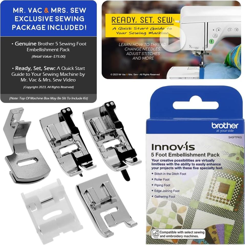 Innov-ís Pacesetter PS500 Computerized Sewing Machine Bundle - Includes Brother 5 Sewing Foot Embellishment Pack + Mr. Vac & Mrs. Sew - Ready, Set, Sew Video