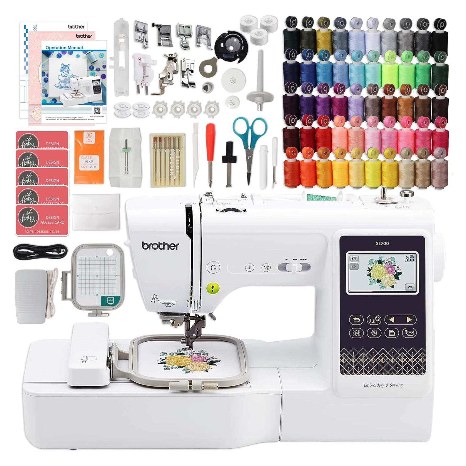 SE700 Embroidery & Sewing Machine with 50 Sewing Spools, Color Matching Bobbins & Accessories