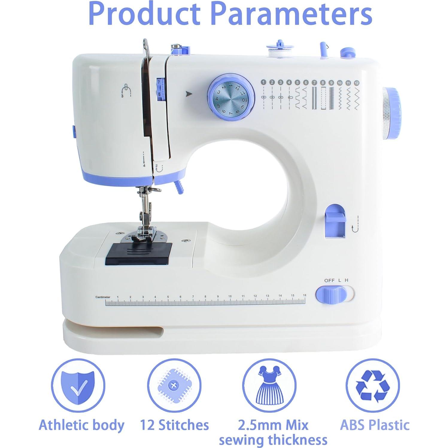 Sewing Machine for Beginners with 20 Pcs Fabric and 32 Pcs Sewing Threads Kit,Portable Sewing Machine with 12 Built-in Stitches,2 Speed(High-Low Speeds) - White Blue