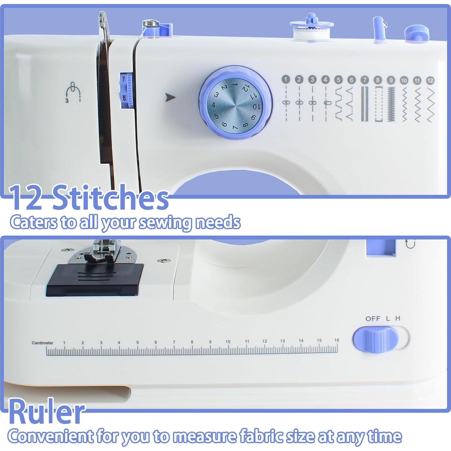 Sewing Machine for Beginners with 20 Pcs Fabric and 32 Pcs Sewing Threads Kit,Portable Sewing Machine with 12 Built-in Stitches,2 Speed(High-Low Speeds) - White Blue