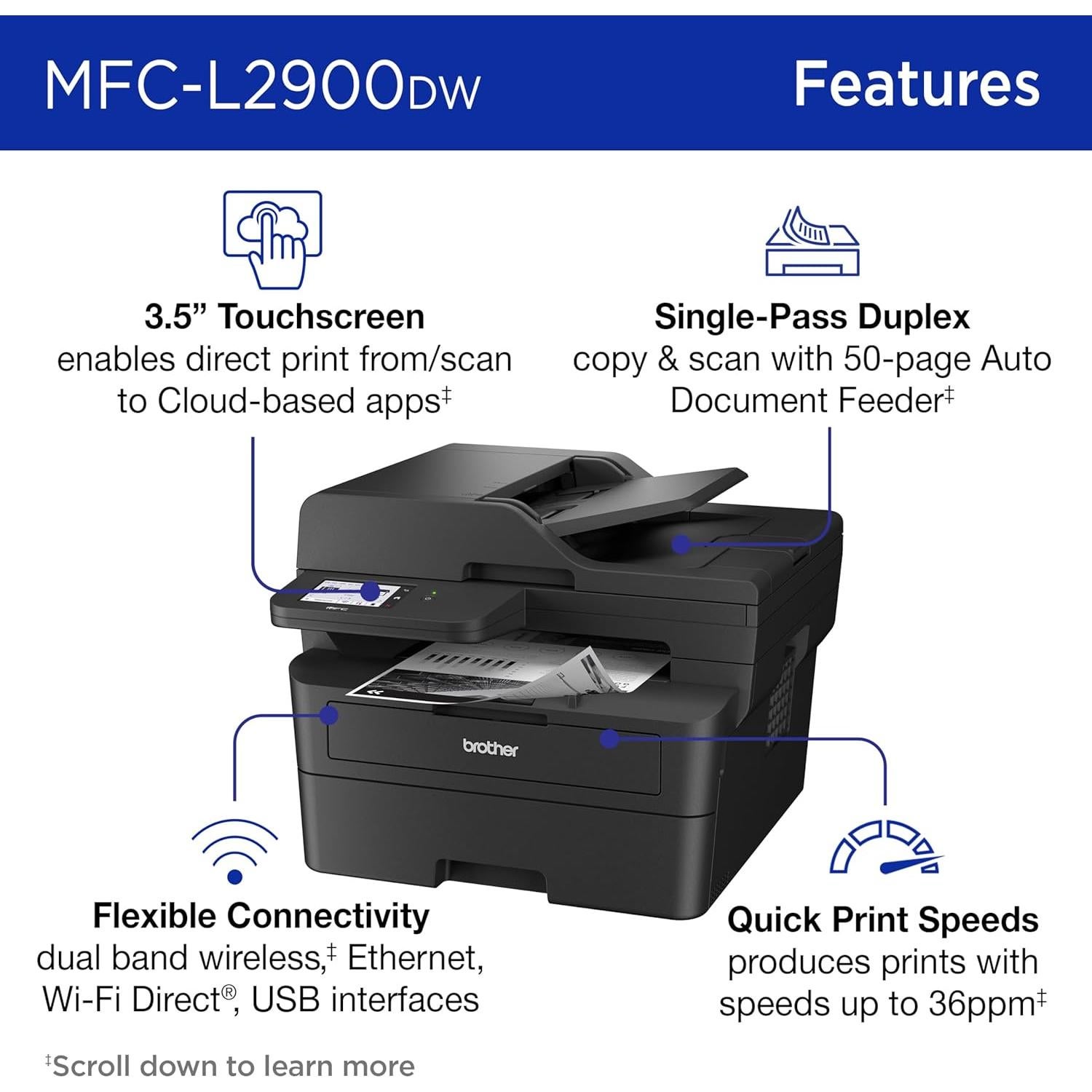 Professional Laser Printer with Scanner, High-Speed 36 ppm Monochrome All-in-One, Wireless Duplex Printing and Scanning, Cloud-Ready 3.5 in Touchscreen for Small Business (MFC-L2900DW)