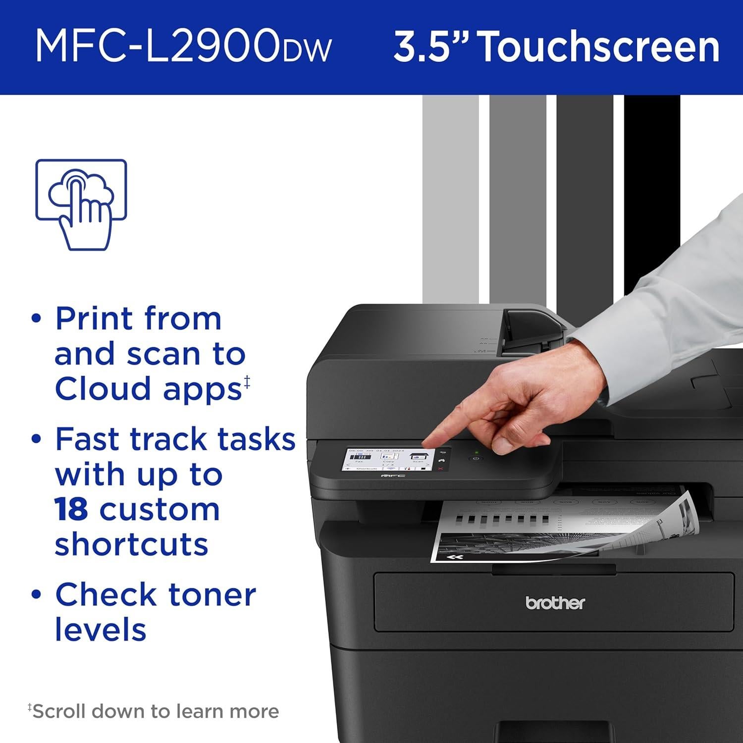 Professional Laser Printer with Scanner, High-Speed 36 ppm Monochrome All-in-One, Wireless Duplex Printing and Scanning, Cloud-Ready 3.5 in Touchscreen for Small Business (MFC-L2900DW)