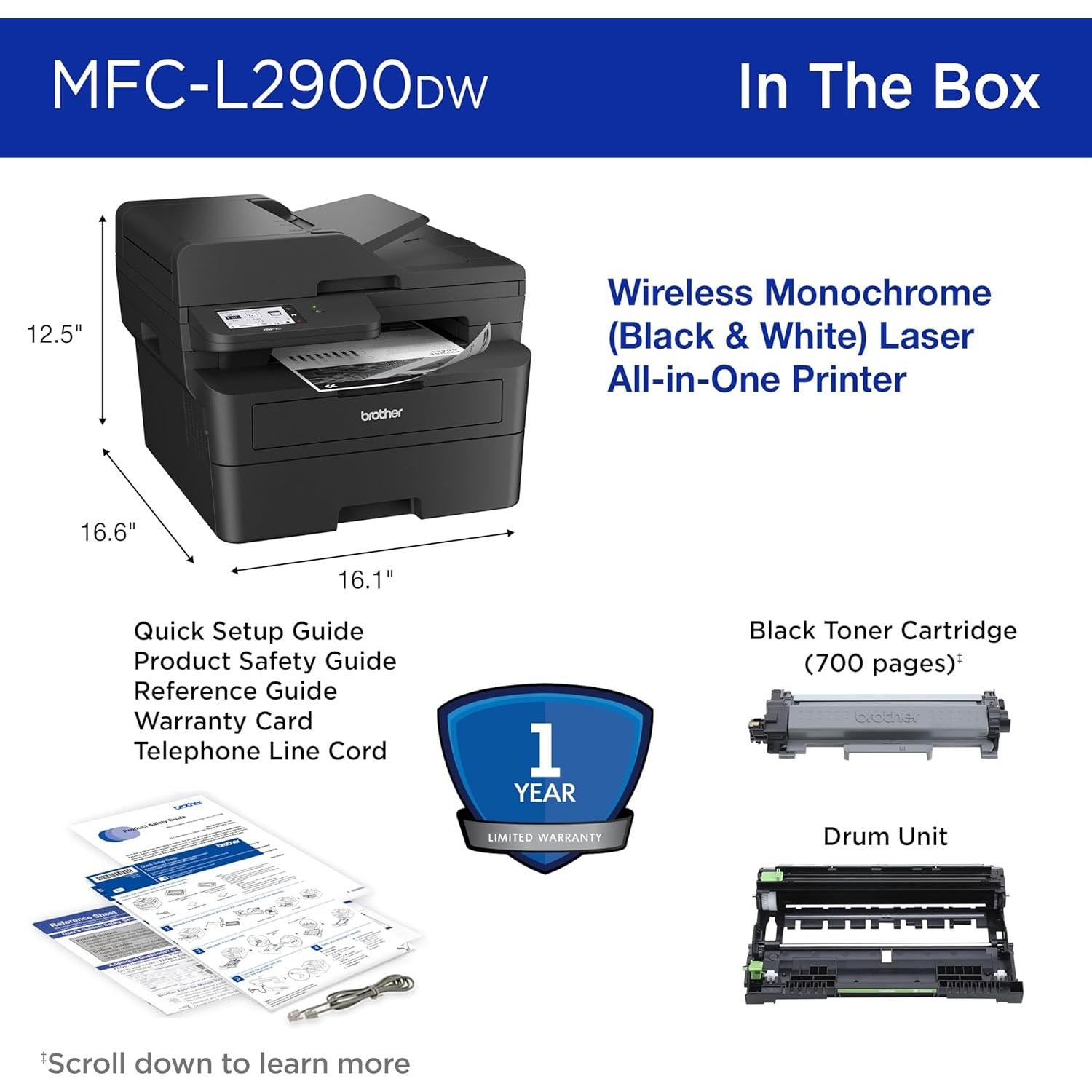 Professional Laser Printer with Scanner, High-Speed 36 ppm Monochrome All-in-One, Wireless Duplex Printing and Scanning, Cloud-Ready 3.5 in Touchscreen for Small Business (MFC-L2900DW)