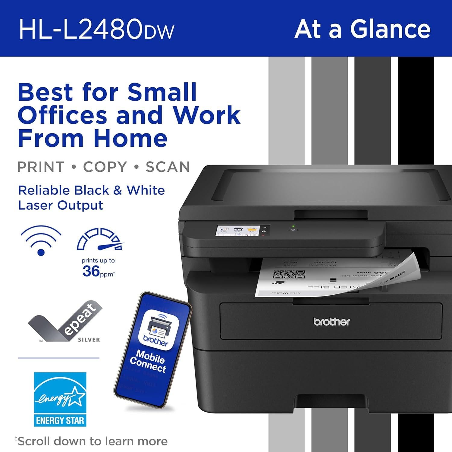 Brother HL-L2480DW Wireless Compact Monochrome Multi-Function Laser Printer with Copy and Scan, Duplex, Mobile, Black & White | Includes Refresh Subscription Trial(1), Works with Alexa