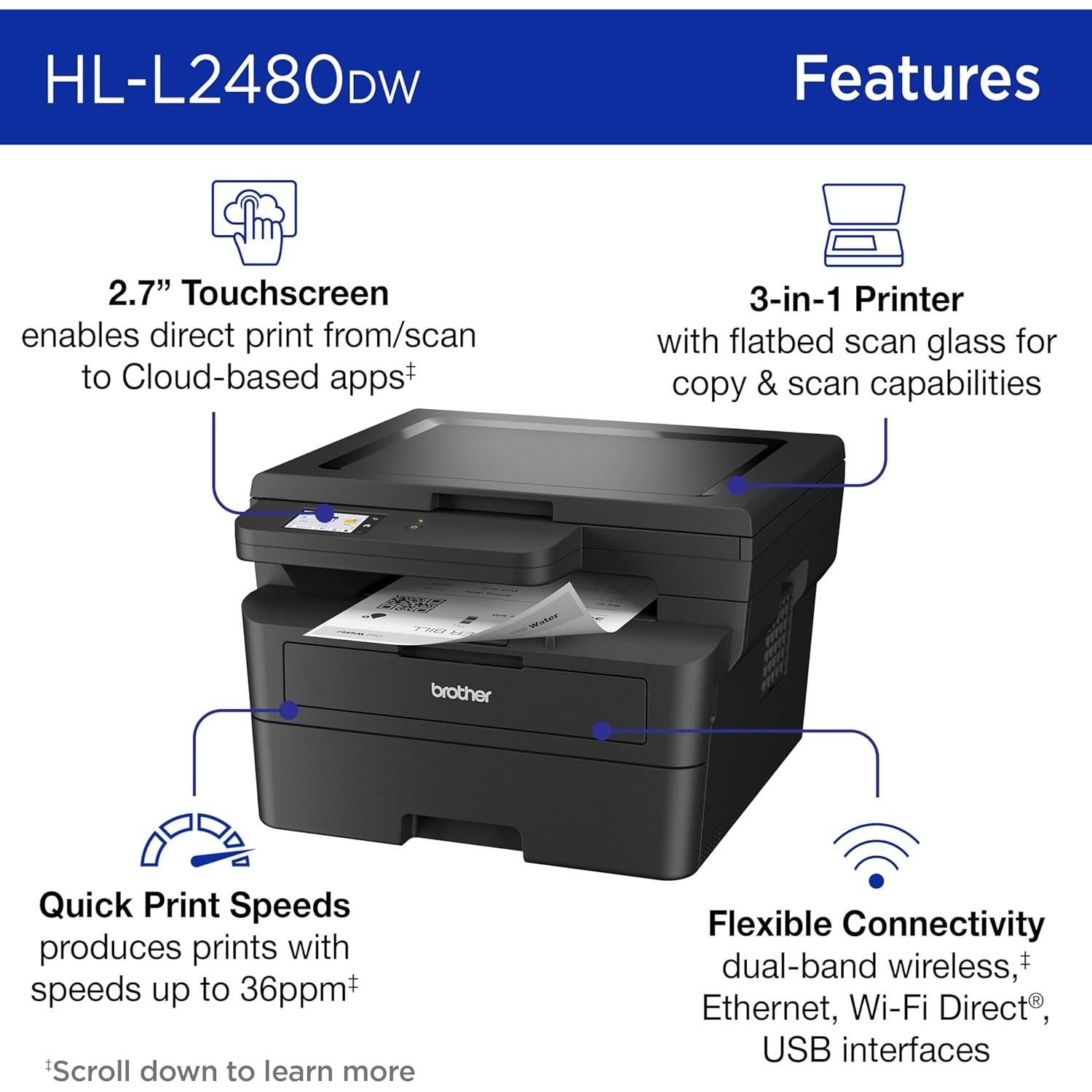 Brother HL-L2480DW Wireless Compact Monochrome Multi-Function Laser Printer with Copy and Scan, Duplex, Mobile, Black & White | Includes Refresh Subscription Trial(1), Works with Alexa