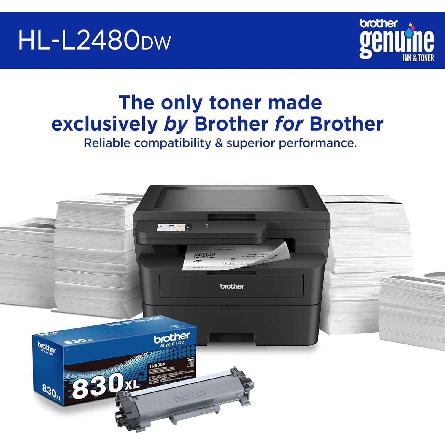 Brother HL-L2480DW Wireless Compact Monochrome Multi-Function Laser Printer with Copy and Scan, Duplex, Mobile, Black & White | Includes Refresh Subscription Trial(1), Works with Alexa