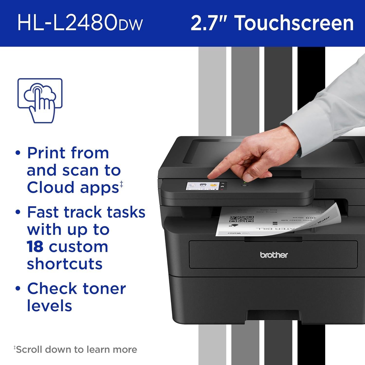 Brother HL-L2480DW Wireless Compact Monochrome Multi-Function Laser Printer with Copy and Scan, Duplex, Mobile, Black & White | Includes Refresh Subscription Trial(1), Works with Alexa