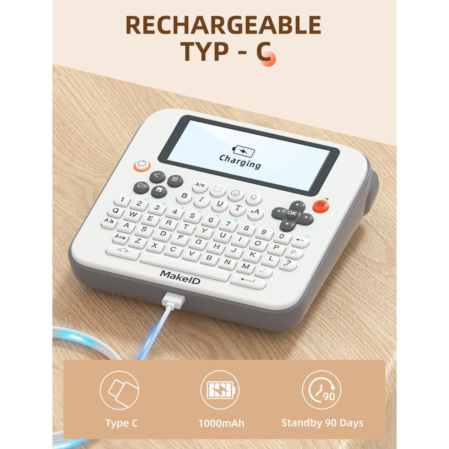 Makeid Label Maker E1, Bluetooth Rechargeable Label Maker Machine, QWERTY Keyboard Labeler, 3.4" Backlighting LCD Screen, Prints 9~16 mm