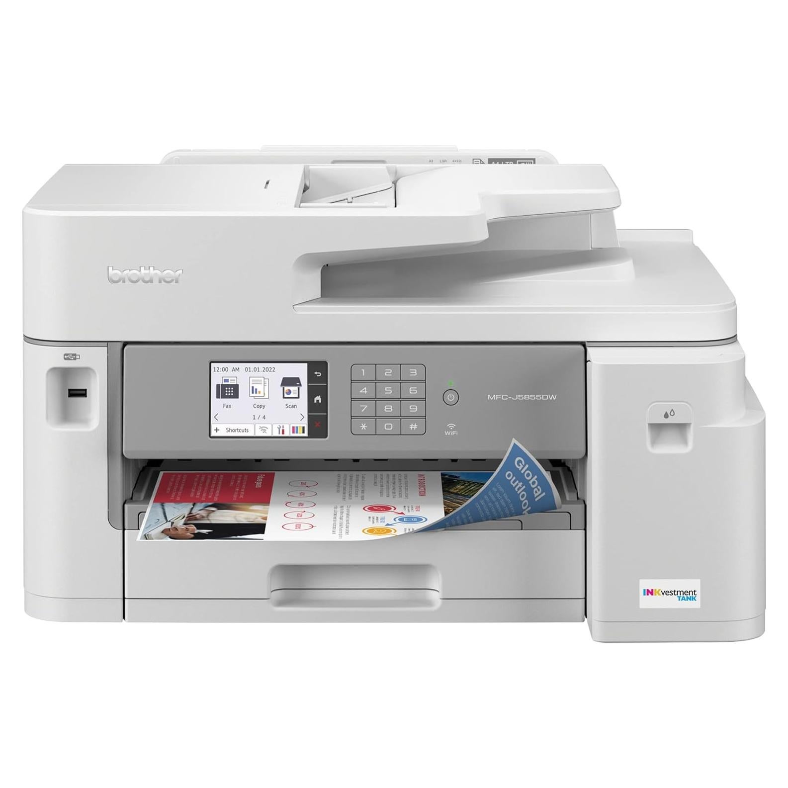 MFC-J5855DW INKvestment Tank Color Inkjet All-in-One Printer with up to 1 Year of Ink in-box1 and to 11” x 17” Printing Capabilities, White