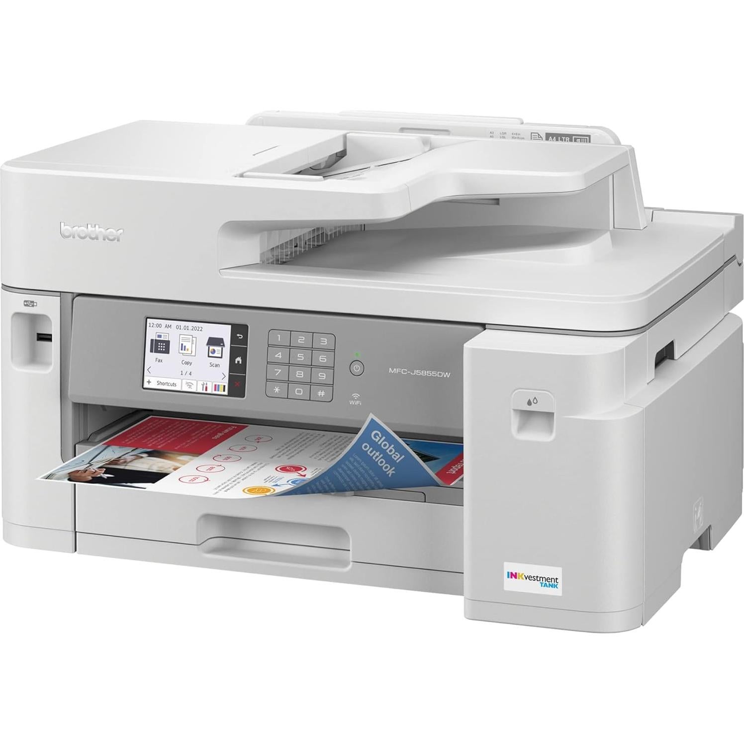 MFC-J5855DW INKvestment Tank Color Inkjet All-in-One Printer with up to 1 Year of Ink in-box1 and to 11” x 17” Printing Capabilities, White