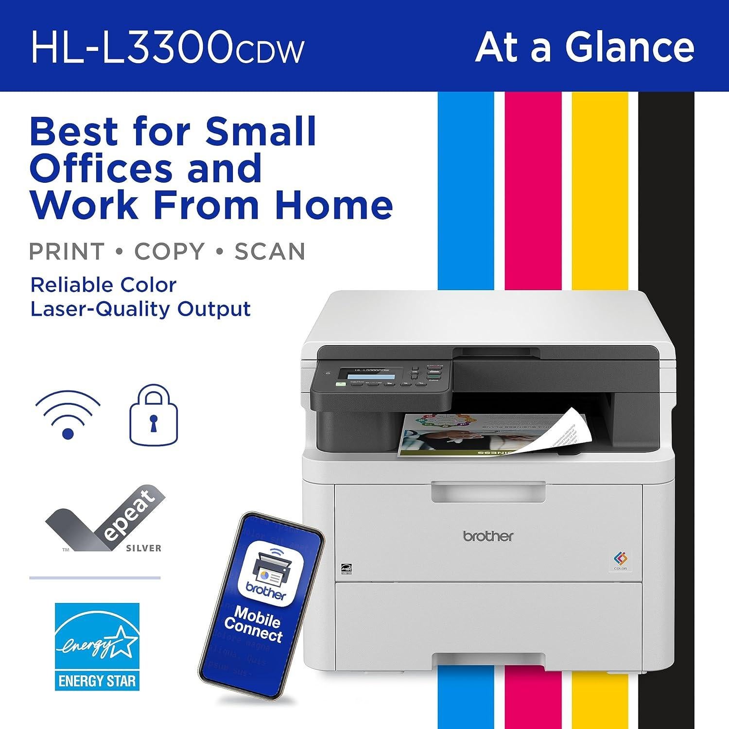 HL-L3300CDW Wireless Digital Color Multi-Function Printer with Laser Quality Output, Copy & Scan, Duplex, Mobile | Includes 2 Month Refresh Subscription Trial ¹, Works with Alexa