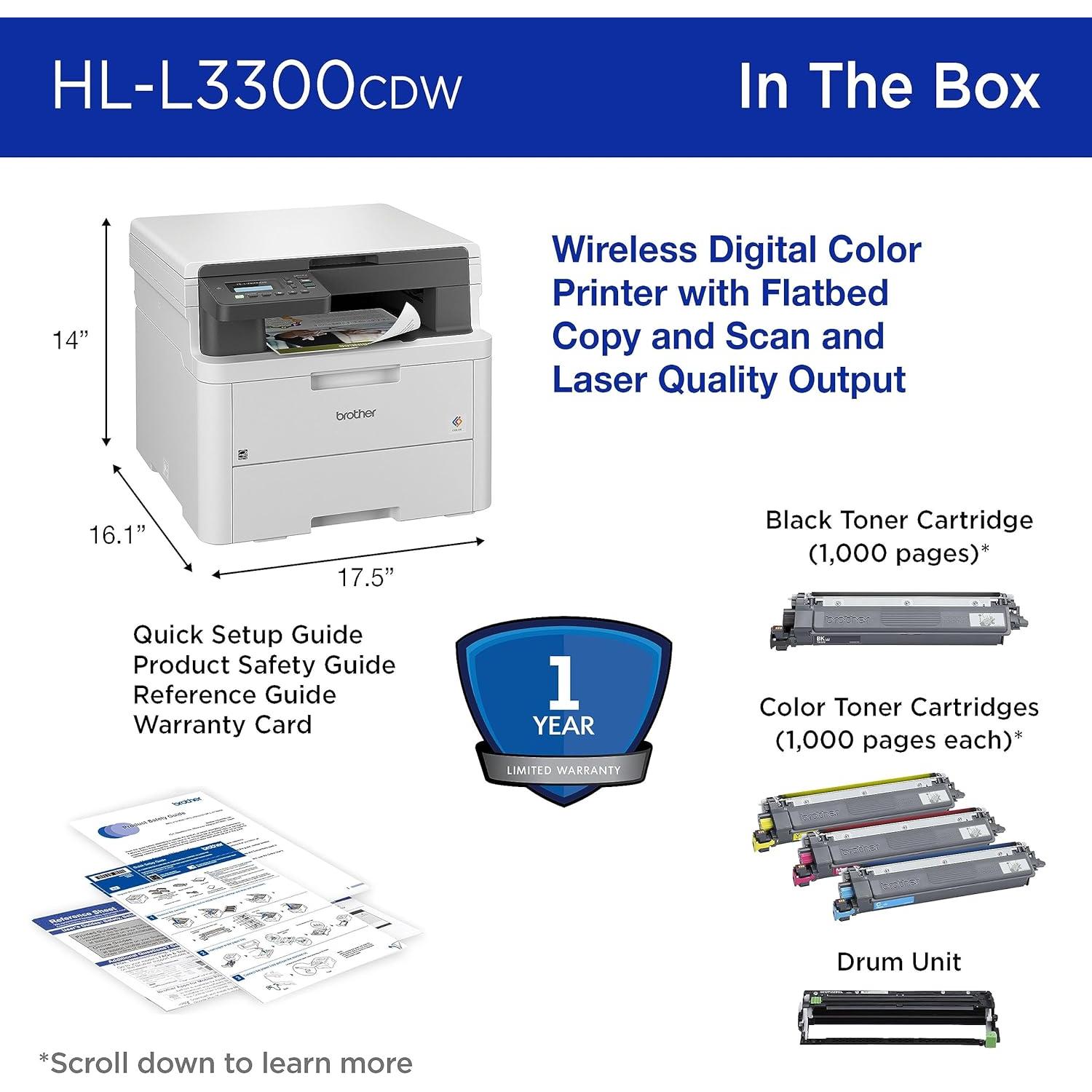 HL-L3300CDW Wireless Digital Color Multi-Function Printer with Laser Quality Output, Copy & Scan, Duplex, Mobile | Includes 2 Month Refresh Subscription Trial ¹, Works with Alexa