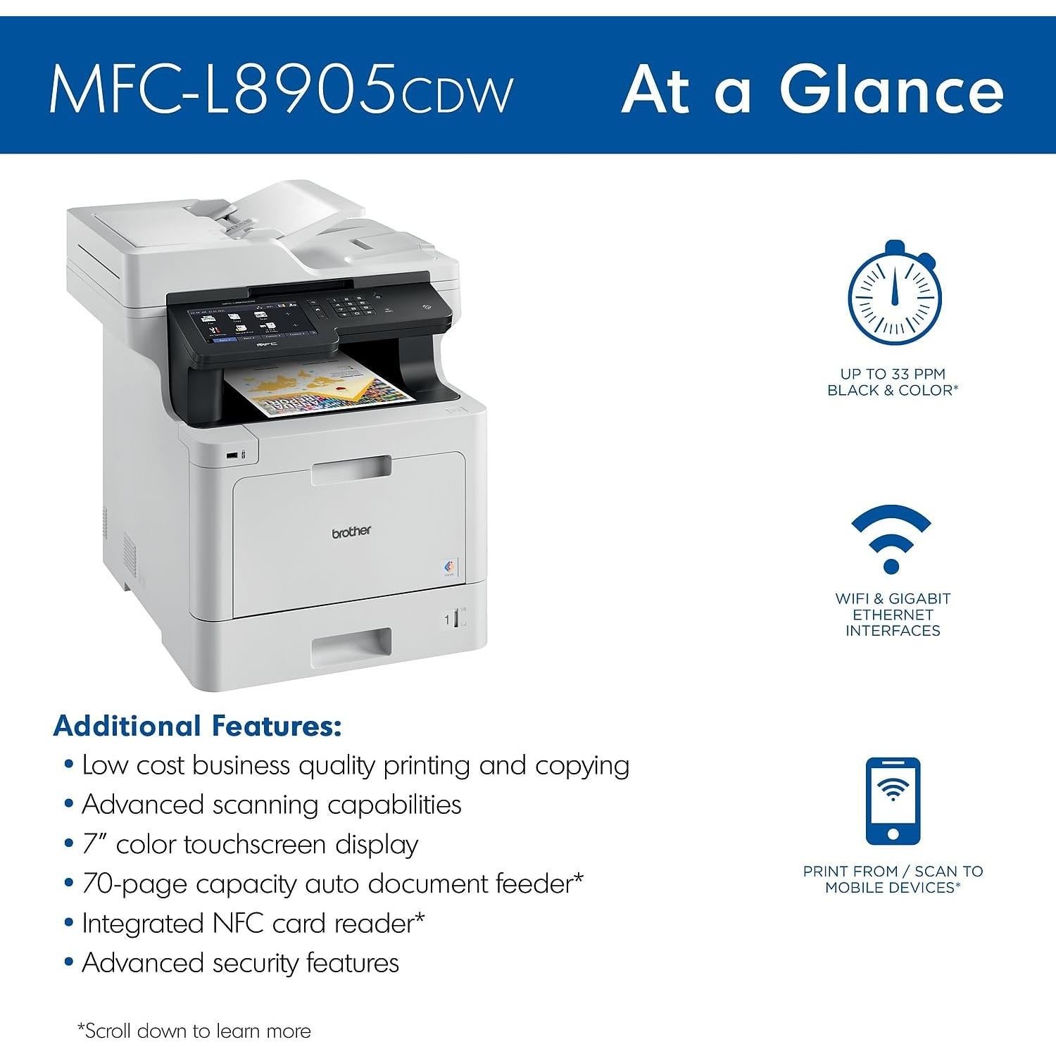 Color Laser All-in-One Printer with Advanced Security, High-Speed 33ppm Printing, Wireless Network, 7 in Touchscreen, Duplex Print and Scan for Business (MFC-L8905CDW)