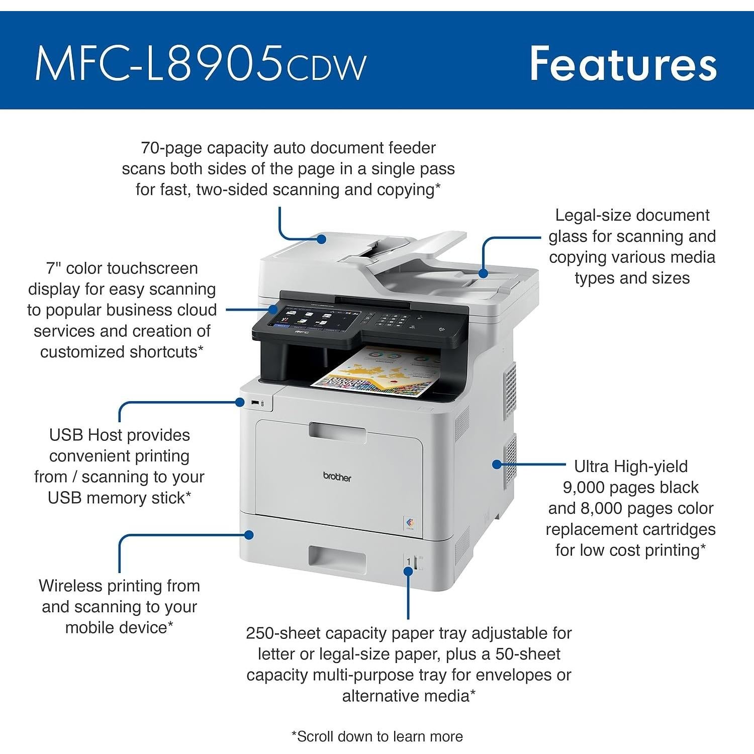 Color Laser All-in-One Printer with Advanced Security, High-Speed 33ppm Printing, Wireless Network, 7 in Touchscreen, Duplex Print and Scan for Business (MFC-L8905CDW)