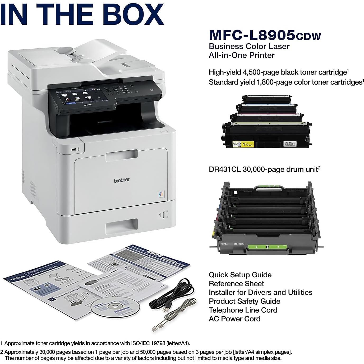 Color Laser All-in-One Printer with Advanced Security, High-Speed 33ppm Printing, Wireless Network, 7 in Touchscreen, Duplex Print and Scan for Business (MFC-L8905CDW)