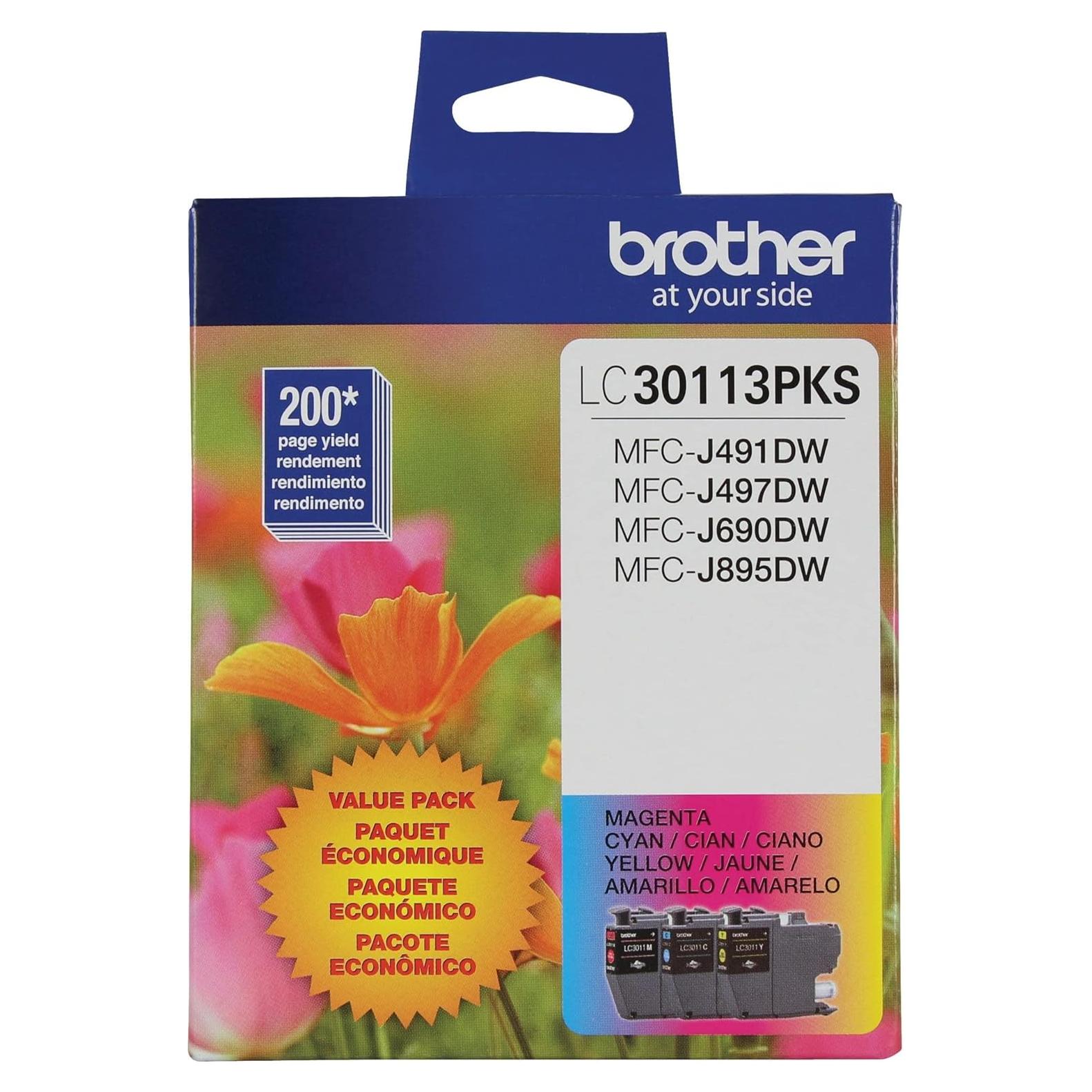 Brother Genuine LC30113PKS 3-Pack Standard Yield Color Ink Cartridges, Page Yield Up to 200 Pages/Cartridge Includes Cyan, Magenta and Yellow, LC3011