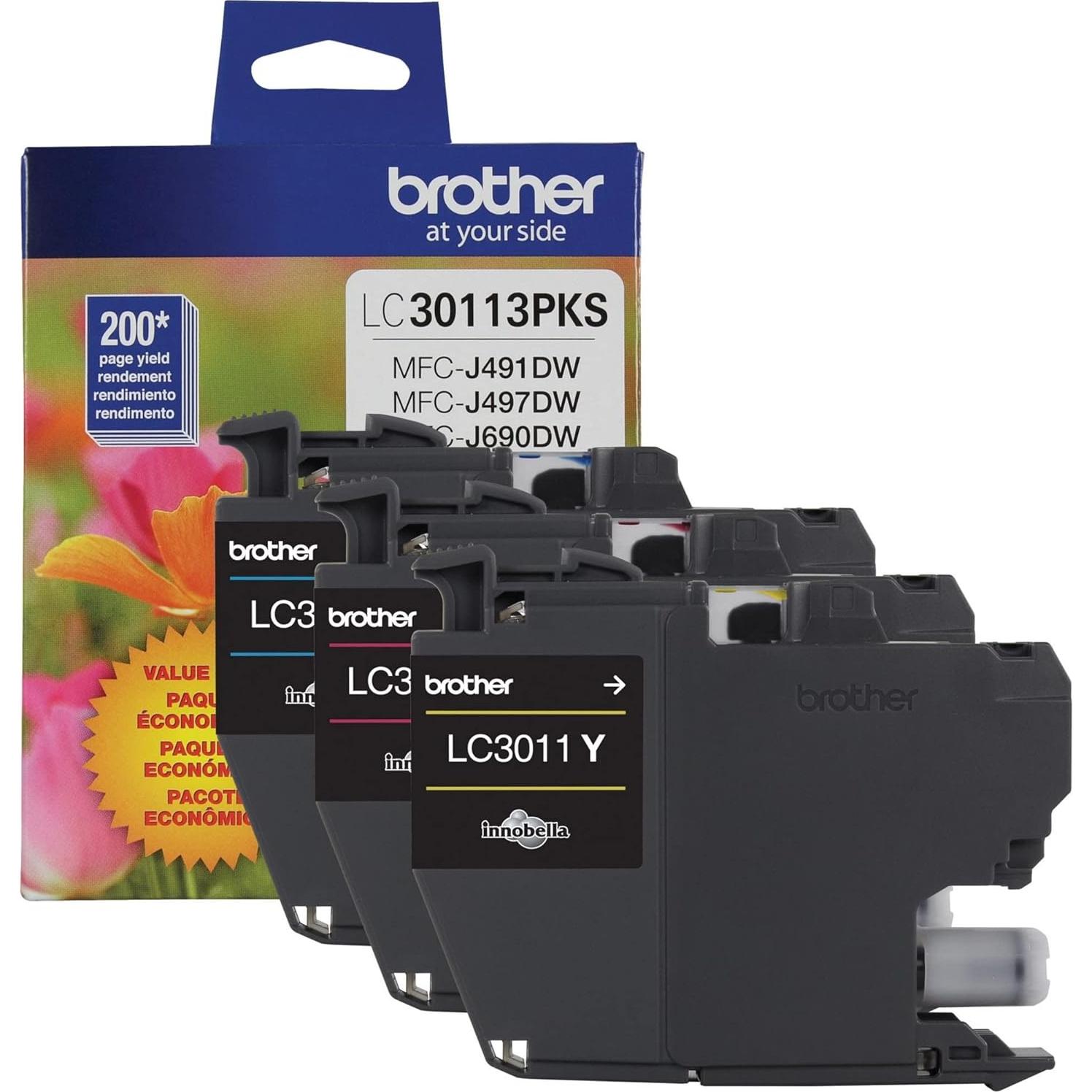 Brother Genuine LC30113PKS 3-Pack Standard Yield Color Ink Cartridges, Page Yield Up to 200 Pages/Cartridge Includes Cyan, Magenta and Yellow, LC3011