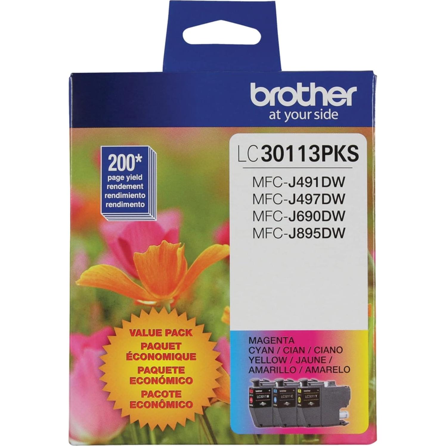 Brother Genuine LC30113PKS 3-Pack Standard Yield Color Ink Cartridges, Page Yield Up to 200 Pages/Cartridge Includes Cyan, Magenta and Yellow, LC3011