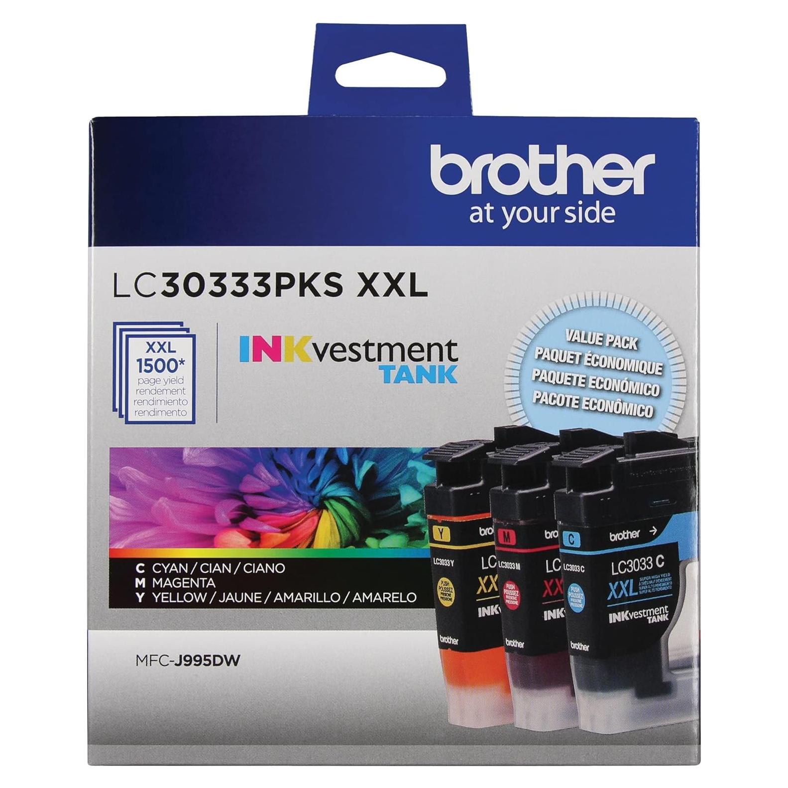 Brother Genuine LC30333PKS 3-Pack, Super High-yield Color INKvestment Tank Ink Cartridges; Includes 1 Cartridge each of Cyan, Magenta & Yellow, Page Yield Up to 1,500 Pages/Cartridge, LC3033
