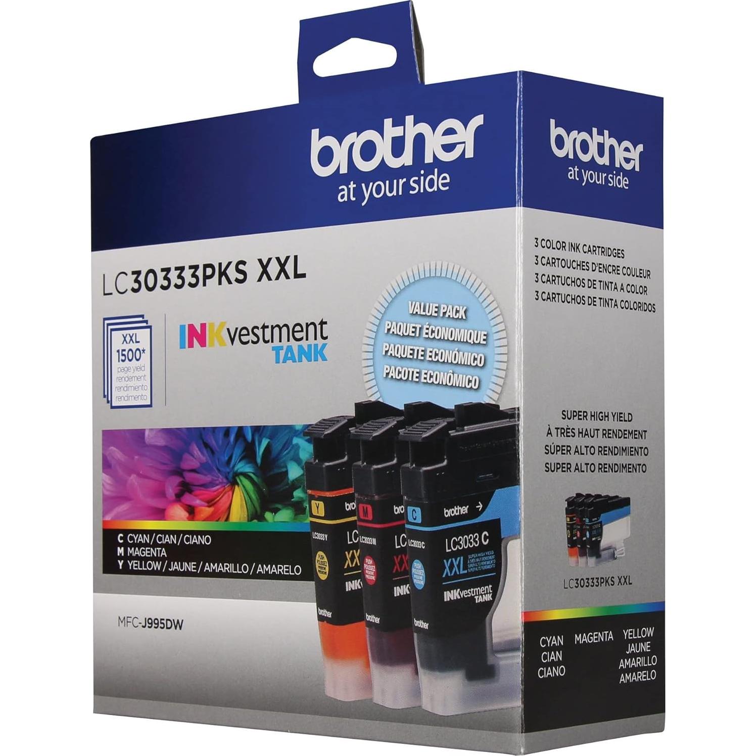 Brother Genuine LC30333PKS 3-Pack, Super High-yield Color INKvestment Tank Ink Cartridges; Includes 1 Cartridge each of Cyan, Magenta & Yellow, Page Yield Up to 1,500 Pages/Cartridge, LC3033