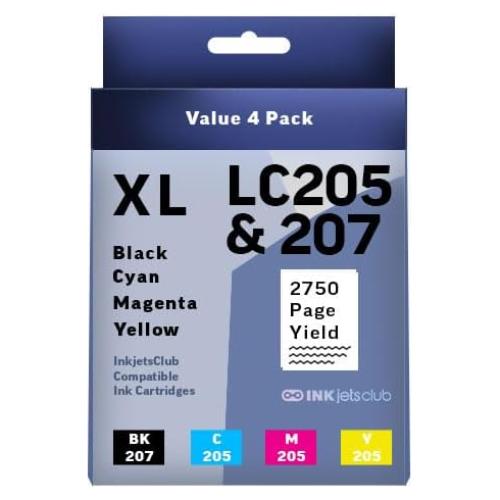 Compatible with Brother LC205 / LC 207 High Yield Ink Cartridge. Replacement for MFC-J4320DW, MFC-J4420DW, MFC-J4620DW Color Printers. 4 Pack (Black, Cyan, Magenta, Yellow)