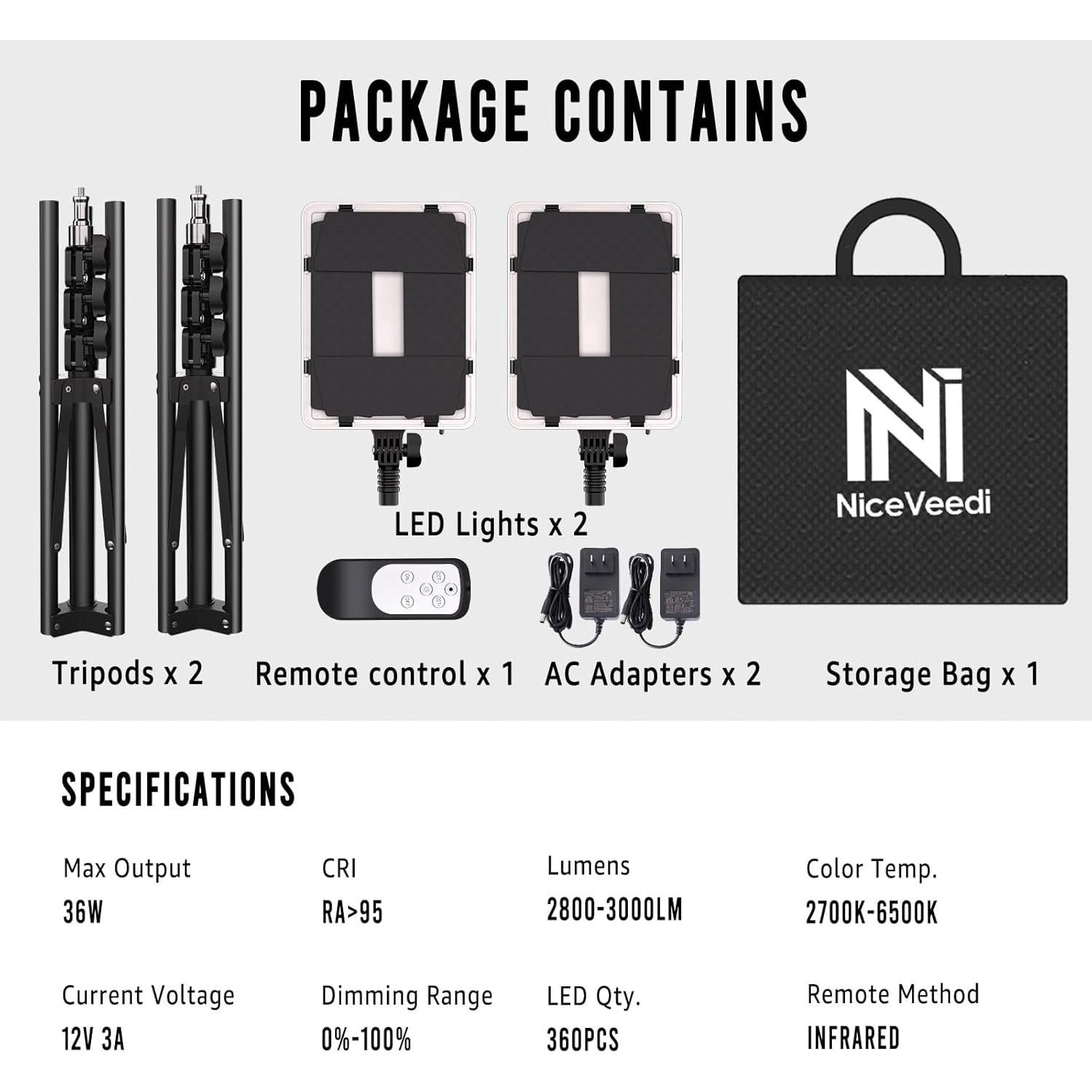 NiceVeedi 2-Pack Photography Lighting Kit, 36W Bi-Color Studio Lights 2700-6500K CRI 95+, Dimmable LED Video Light Kit with Remote Control & 72” Tripod Stand, Lighting for Video Recording/Photography