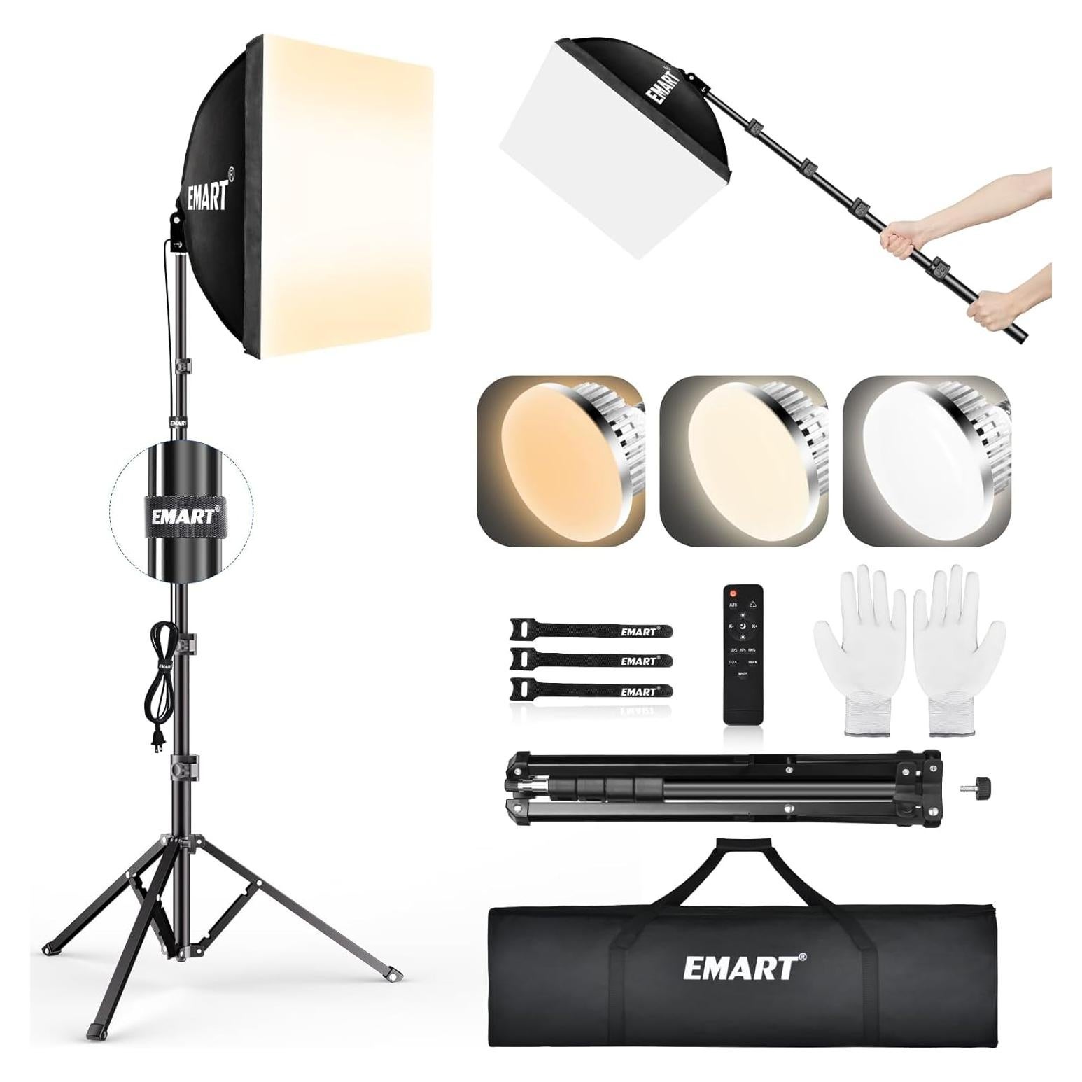 EMART Softbox Lighting Kit, 16"X16" Soft Box, 3000K-6000K 85W LED Bulbs with Remote, 65" Tripod, Professional Softbox Photography Lighting Kit for Studio Lights, Portrait, Video Recording(1PACK)