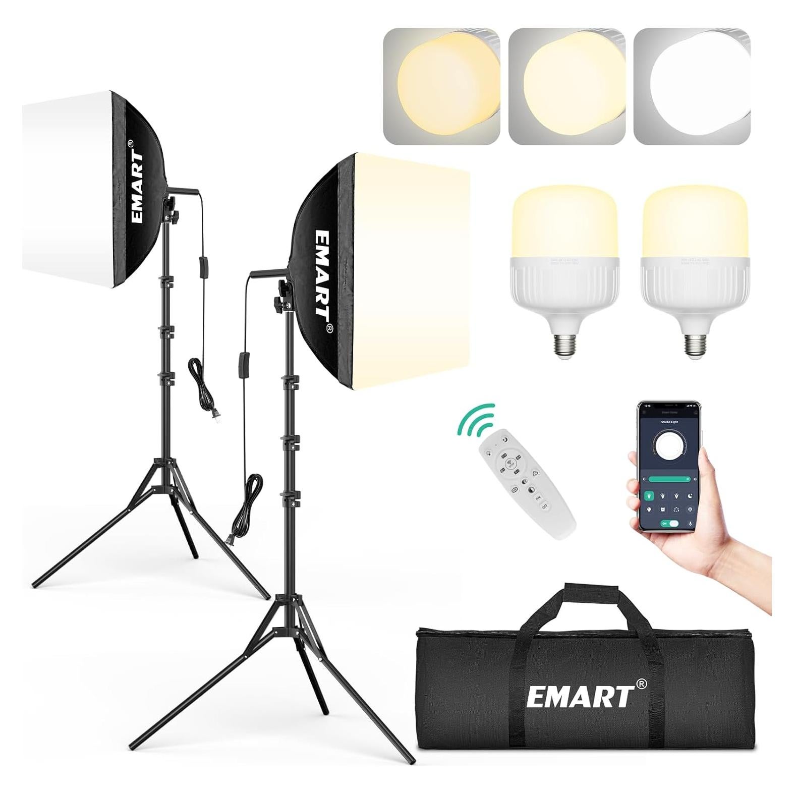 EMART Softbox Photography Lighting Kit, 16"x16" Pull Soft Box, 50W 3000K-6000K LED Bulb with Remote/APP Control, Professional Photoshoot Equipment for Studio Lights, Portrait, Video Recording(2 Pack)