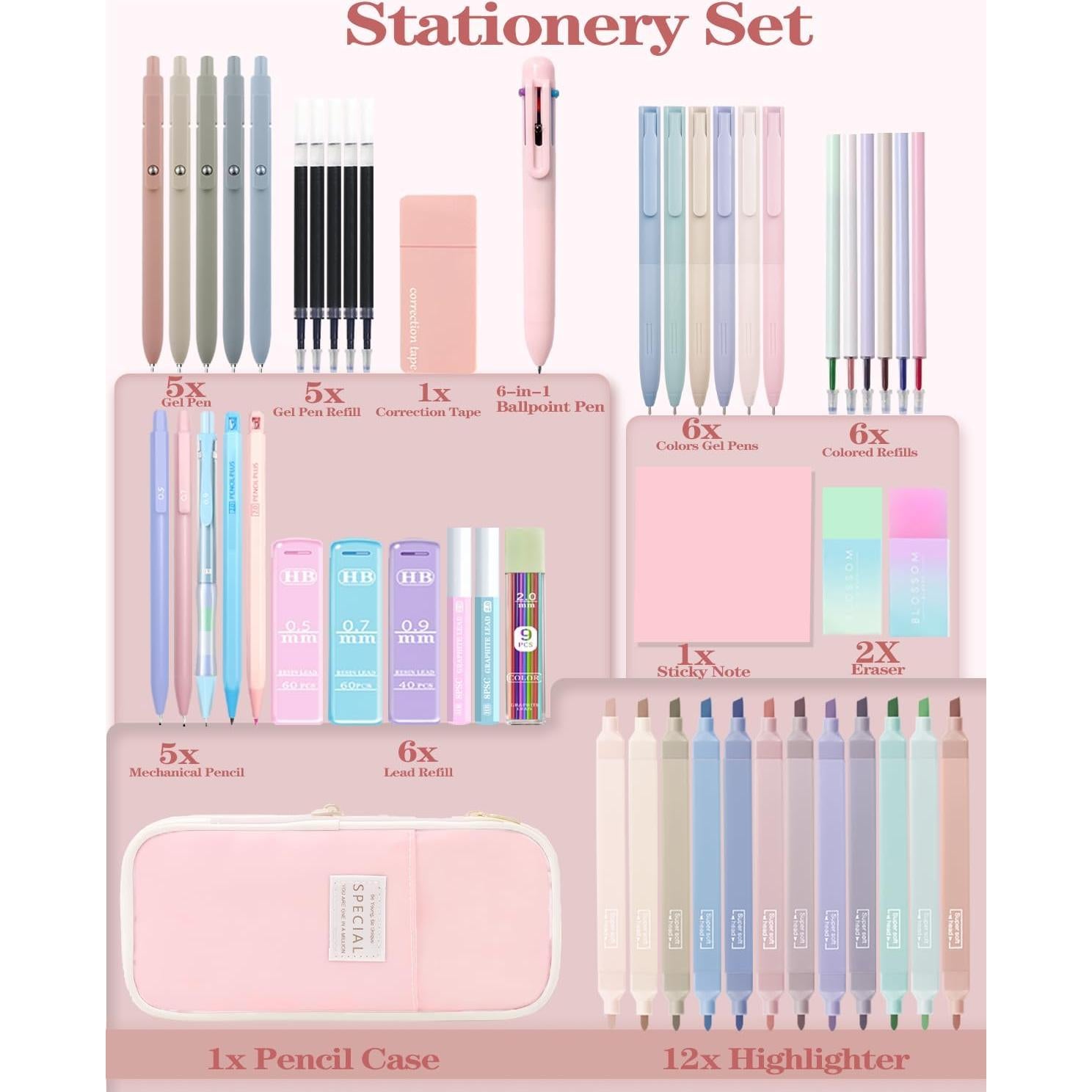 Set de Papelería JIZHIYUAN 54 Piezas con Estuche Rosa