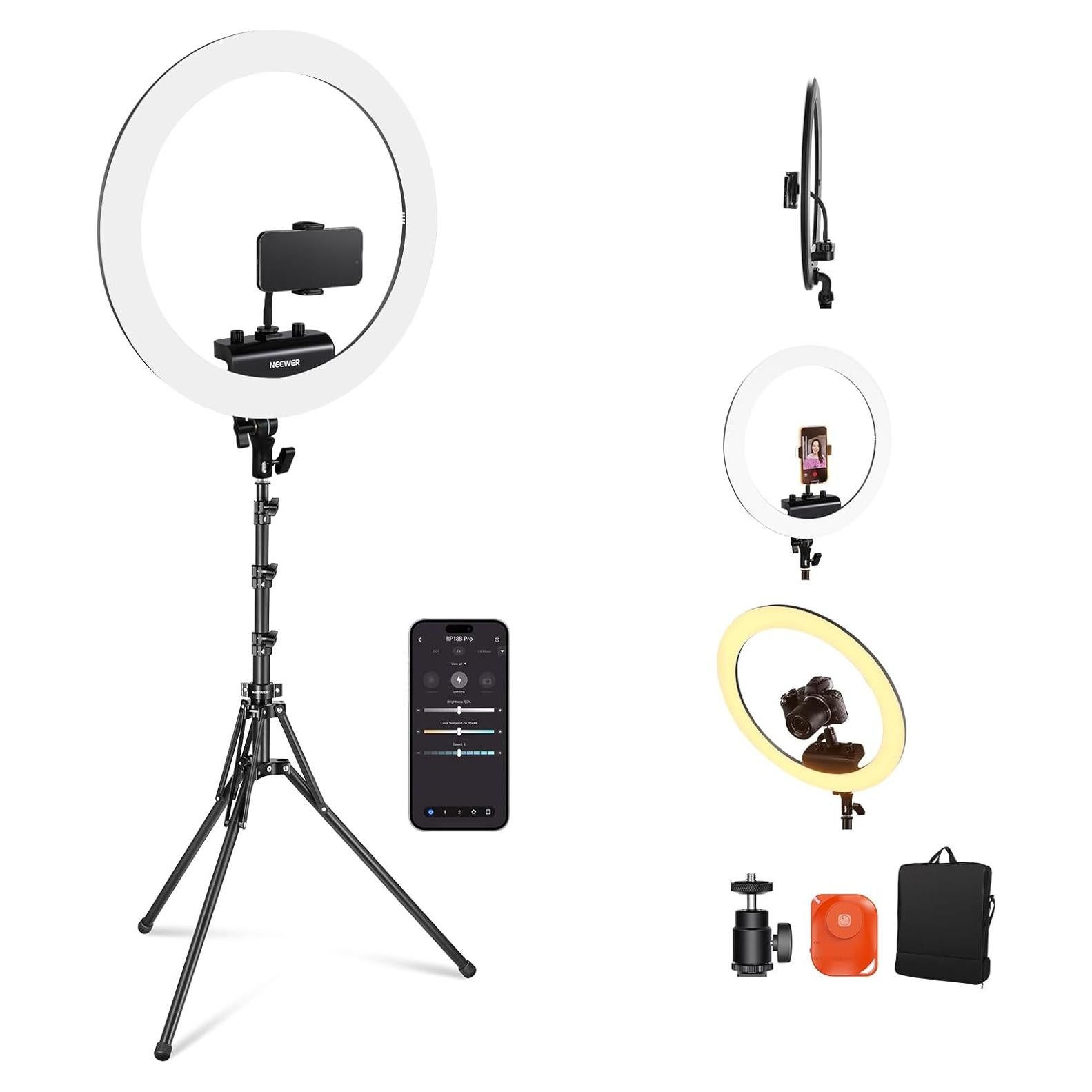 NEEWER Professional 18 Inch Ring Light with Tripod Stand Phone Holder Compatible with iPhone, 45W Remote Shutter App Control, Video Recording Makeup Selfie Studio Streaming Filming, RP18B Pro Black